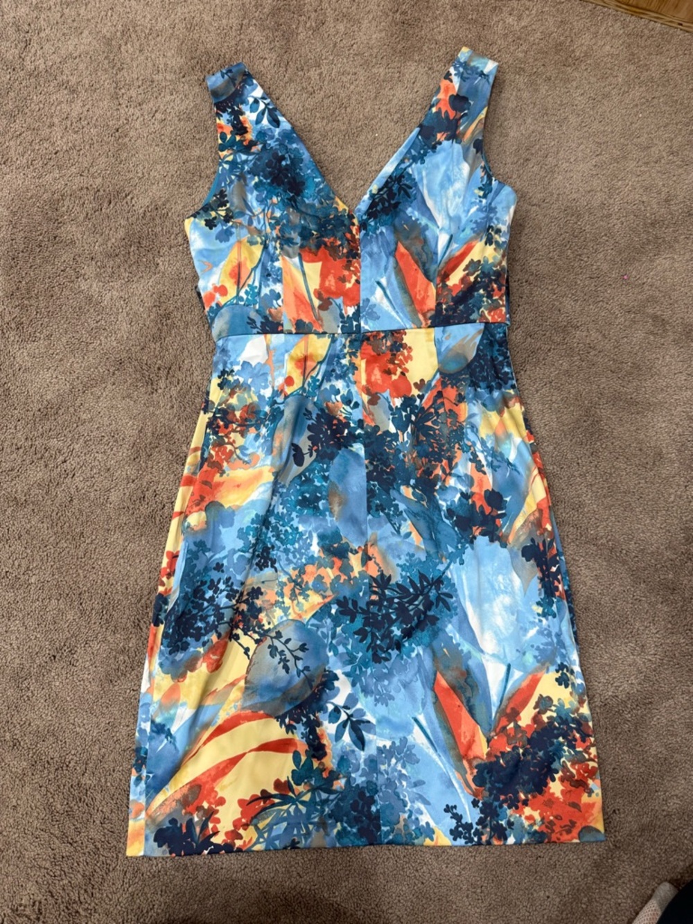 Donna Ricco Sleeveless V-Neck Floral Sheath Dress in Blue and Orange